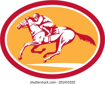 Illustration of horse and jockey racing viewed from side set inside circle shape on isolated background done in retro style.