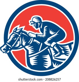 Illustration of horse and jockey racing viewed from side set inside circle on isolated background done in retro woodcut style.