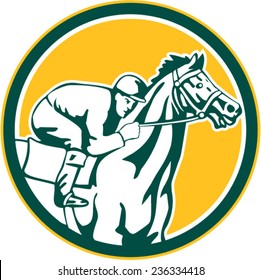 Illustration of horse and jockey racing viewed from the side set inside circle shape on isolated background done in retro style.