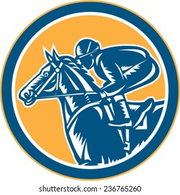 Illustration of horse and jockey racing viewed from the side set inside circle shape on isolated background done in retro woodcut style.
