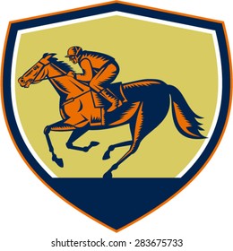 Illustration of horse and jockey racing viewed from the side set inside shield crest on isolated background done in retro woodcut style.