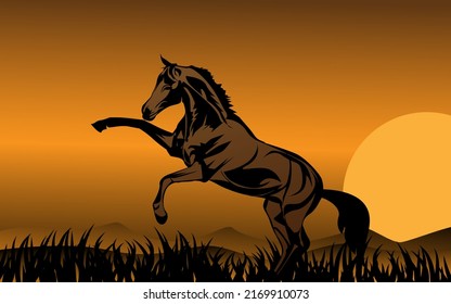 illustration of a horse jumping to his feet at sunset