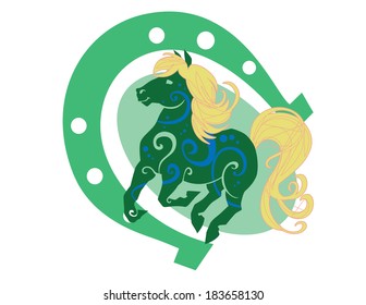 Illustration of a horse on a horse shoe and oval background 