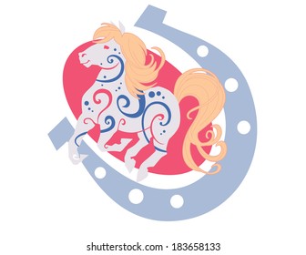 Illustration of a horse on a horse shoe and oval background 