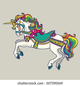 Illustration of a horse on a white background Seamless Carousel with Horses Pattern, amusement park


