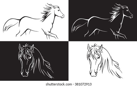 illustration of a horse on white and black background muzzle and a running animal