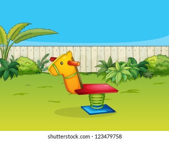 Illustration of a horse playing equipment in a beautiful garden