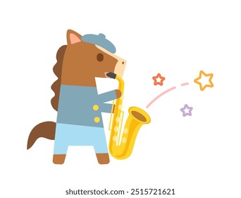 Illustration of a horse playing the saxophone.