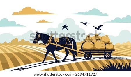 Illustration of a horse pulling a cart loaded with sacks of grain on a farm, with birds flying above and clouds in the background.