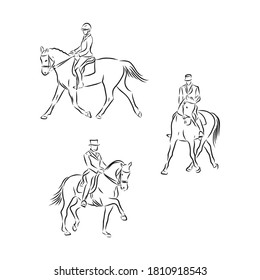 Ilustración de equitación. Dibujo de boceto vectorial de caballos de vestimenta dibujados a mano