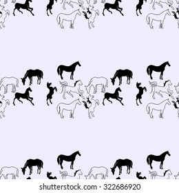 Illustration of the horse. Seamless pattern. Mustangs on a blue background.