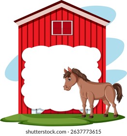Illustration of a horse standing beside a red barn with clouds