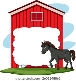 Illustration of a horse standing near a red barn with clouds