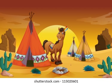 illustration of horse and tent house in a desert