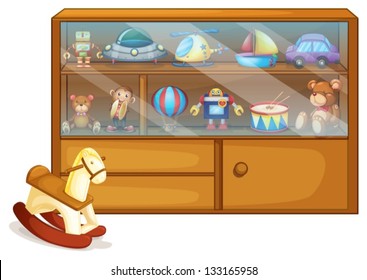 Illustration of a horse toy beside a wooden cabinet on a white background