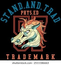 Illustration of a horse or unicorn in tattoo style with college, university, urban and beach sports texts, numbers in textile patches and gradient backgrounds.