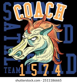 Illustration of a horse or unicorn in tattoo style with college, university, urban and beach sports texts, numbers in textile patches and gradient backgrounds.