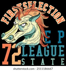 Illustration of a horse or unicorn in tattoo style with college, university, urban and beach sports texts, numbers in textile patches and gradient backgrounds.