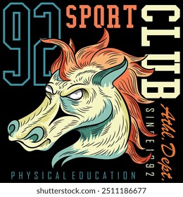 Illustration of a horse or unicorn in tattoo style with college, university, urban and beach sports texts, numbers in textile patches and gradient backgrounds.