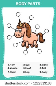 Illustration of horse vocabulary part of body,Write the correct numbers of body parts.vector