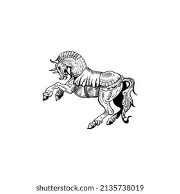 illustration of a horse wearing a saddle, can be used as a logo, mascot, etc.