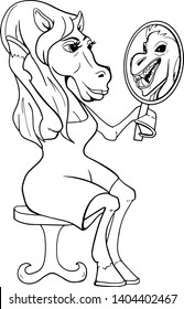 Illustration of horse which sit on the seat and look into mirror.