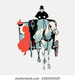 Illustration of a horse-drawn carriage with a driver and a passenger. The horse and carriage are central, with a vintage and classic style. Vintage woman illustration vector.