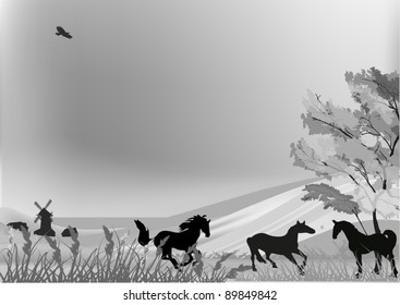 illustration with horses in country landscape