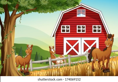 Illustration of the horses at the farm near the red barnhouse