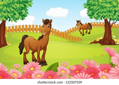 Illustration of horses on a field in a beautiful nature