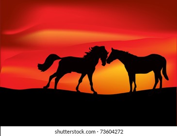 illustration with horses at red sunset