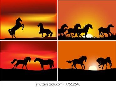 illustration with horses at red sunset