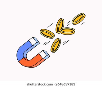 Illustration Horseshoe magnet attracting gold coins, representing the concept of financial attraction, business success, wealth, marketing, and money flow. Ideal for finance, digital marketing,
