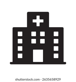  Illustration of a hospital building with a cross on top and multiple windows in black color scheme