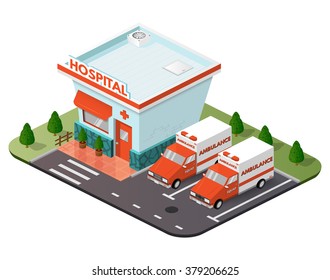 Illustration of hospital buildings, ambulances, clinics.