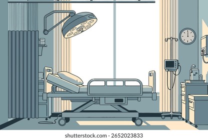 Ilustração de um quarto hospitalar com uma cama ajustável, equipamento médico, iluminação cirúrgica e uma cortina de privacidade. O quarto é banhado em luz suave.