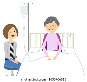 It is an illustration of a hospitalized elderly person and a nursing family.