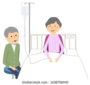 It is an illustration of a hospitalized elderly person and a nursing family.
