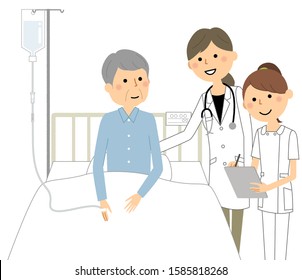 Illustration of hospitalized patient, doctor and nurse.