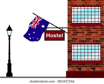 Illustration of Hostel, Hostel with Australia Flag