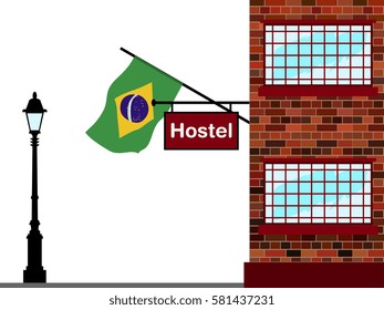 Illustration of Hostel, Hostel with Brazil Flag