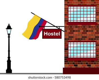 Illustration of Hostel, Hostel with Colombia Flag