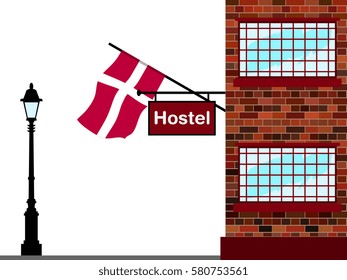 Illustration of Hostel, Hostel with Denmark Flag