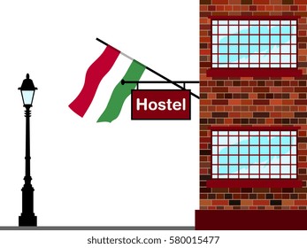 Illustration of Hostel, Hostel with Hungary Flag