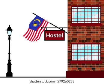 Illustration of Hostel, Hostel with Malaysia Flag