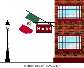 Illustration of Hostel, Hostel with Mexico Flag