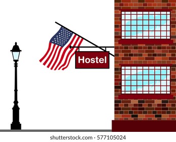 Illustration of Hostel, Hostel with USA Flag