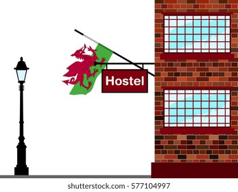 Illustration of Hostel, Hostel with Wales Flag