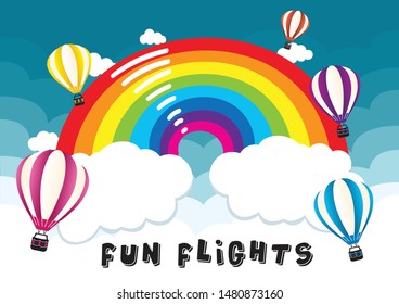 Illustration of hot air balloon with blue cloudy rainbow background. Colorful hot air balloons and rainbow - vector