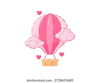 Illustration of a hot air balloon with clouds and hearts. Romantic hot air balloon. Element of Valentine's Day celebration, Mother's Day, Valentine's Day. Object, symbol, decoration, ornament, sticker, clip art. Flat style outline crayon. White background